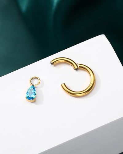 COCHARM Titanium Clicker Hoop Belly Button Ring, 8mm 14G Teardrop Belly Navel Ring, Dangling Hoop Belly Piercing Jewelry Nickel Free - color: Gold-Blue CZ