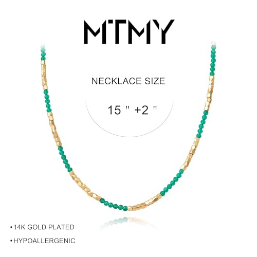 MTMY Beaded Gemstone Choker Necklace for Women | 14K Gold Plated, Colorful Natural Stone, Bead Chain, Boho Summer Beach, Handmade Jewelry - color: Green Agate