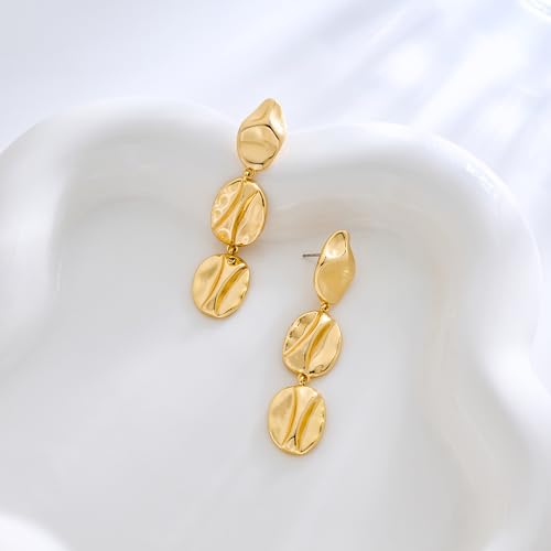 Gold Dangle Earrings for Women,Chunky 14K Gold Plated Drop Dangle Stud Earrings Long Statement Hammered Earring Hypoallergenic Jewelry for Women Gifts - style: Irregular Hammered-GD