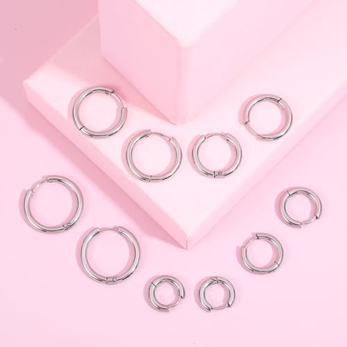 5 Pairs Solid Titanium Hoop Earrings Silver Small Stainless Steel Hoop Earrings 8mm 10mm 12mm 14mm 16mm Huggie Earring Hoops for Women Men