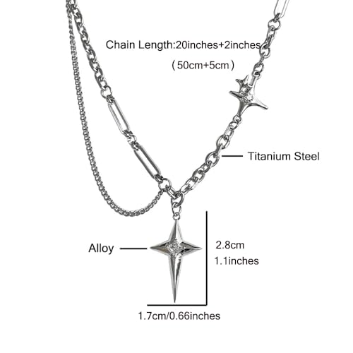 Gothic Cross Star Necklace For Men Women Silver Stainless Steel Cuban Link Paperclip Figaro Bead Chain Punk Kpop Y2k Goth Irregular Layered Cross Pendant Necklace Non Tarnish Jewelry Gift - color: Silver G