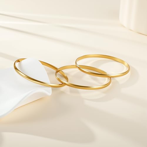 Awinesn 18K Gold Plated Bangles for Women Stainless Steel Glossy Stackable Thin Round Bracelets Solid Plain Polished Bangles Bracelets Set of 3 Jewelry for Women - size: 8.5 inches, style: wide-3-G