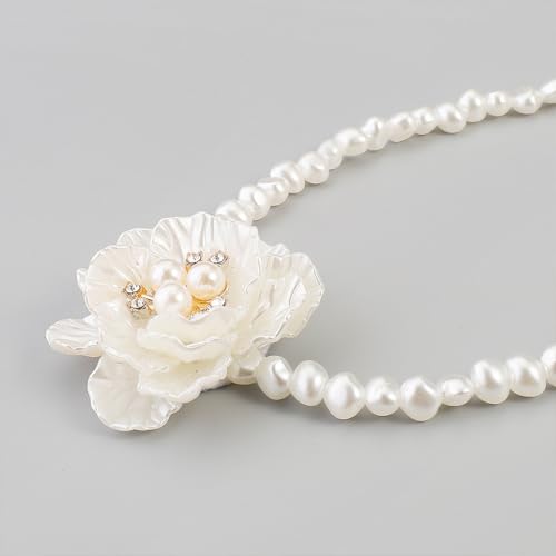 White Pearl Flower Choker Necklaces for Women Large Fashion Camellia French Collar Necklace Trendy Big Pearl Beaded Floral Statement Jewelry Petal Accessories