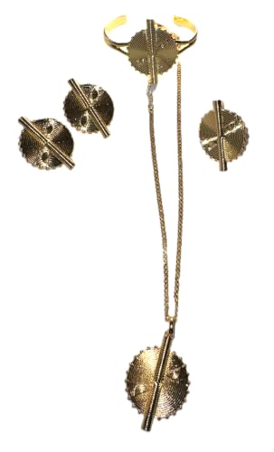 Gold Plated Akan Disc Sunburst Necklace Earrings Ring Bracelet Set | 4-Piece Jewelry Set, Akan Disc Design, Cuff Bracelet Included, Chain Necklace, Gold Finish