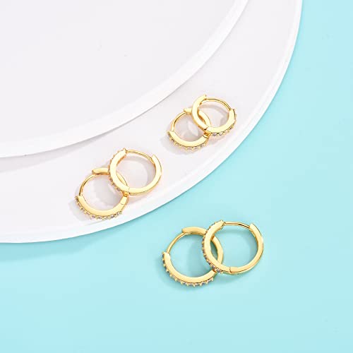 Silver Hoop Earrings for Women, 3 Pairs Small Sterling Silver Huggie Earrings | Tiny Cubic Zirconia Cartilage Cuff Earrings Hoop Piercing Jewellery for Men Teens (8mm/10mm/12mm) - color: 3 Pairs(8/10/12mm)-Gold
