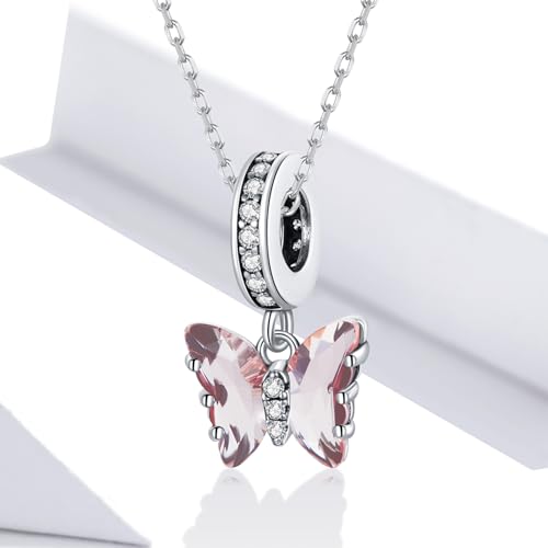 BISAER 925 Sterling Silver Charms for Bracelets Cat Dog Sloth Animal Beads Butterfly Fairy Heart Dangle Pendant Charms - color: Butterfly CZ