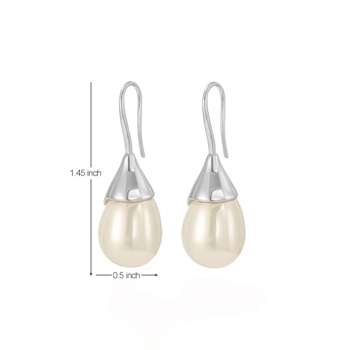 Unique Cream White Pearl Teardrop Drop Dangle Earrings for Women,Trendy Geometric Dangle Formal Hook Earrings for Wedding Prom - color: White Gold-Cream Pearl
