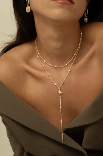 14K Gold Plated Layered Lariat Necklace for Women - Waterproof Non-Tarnish Dainty Gold Chain Necklace, Long Boho Statement Jewelry for Wedding, Prom, Summer Vacation Gifts - color: Layered Beads Y Necklace-Gold