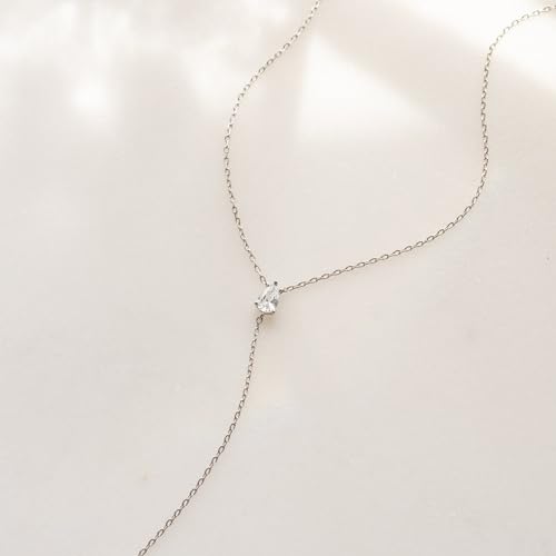 Lariat Necklace for Women, Dainty Long Necklaces, 14k Gold/Silver Plated Y-Shaped Drop Chain Necklace, Simple Layered Necklaces, Trendy Jewelry Gifts - style: Single CZ Y Necklace-Silver