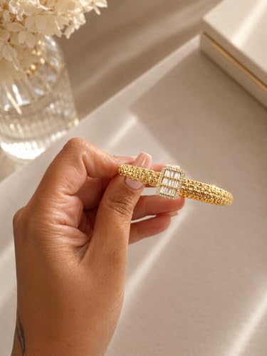 Diva Charm Gold Crystal Bangle Bracelet for Women, Stainless Steel Hinged Cuff Bracelet with Baguette Cubic Zirconia, Elegant Statement Jewellery