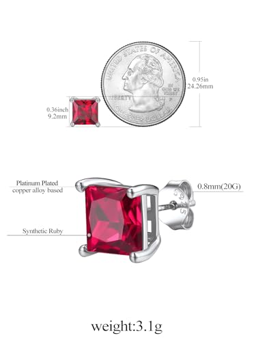 FindChic 2 Carat Birthstone Stud Earrings for Women, Round/Heart/Princess Cut Stud Earrings, Hypoallergenic Studs with 925 Sterling Silver Posts, 12 Months Birthday Jewelry Gift - color: 07. July-Ruby(Princess Cut)