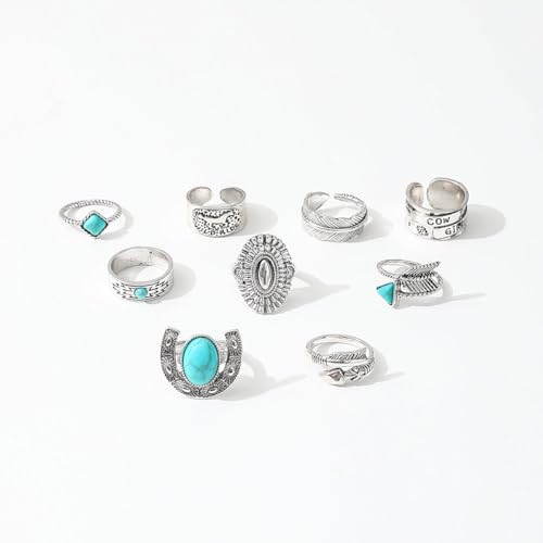 Airvess Vintage Knuckle Rings Set, Chunky Turquoise Stackable Rings, Silver Joint Finger Stacking Rings, Bohemian Western Jewelry for Women - style: 9 Pcs