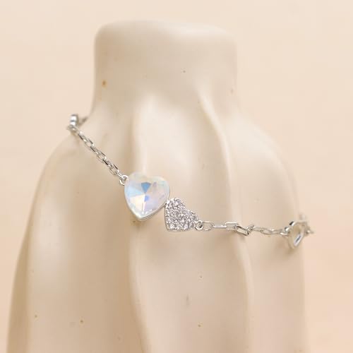 Silver Heart Charm Link Anklet for Women, Adjustable Handmade Cubic Zirconia Stackable Waterproof Summer Beach Chain Anklets Jewelry Accessories Gift - color: Silver Opal Heart