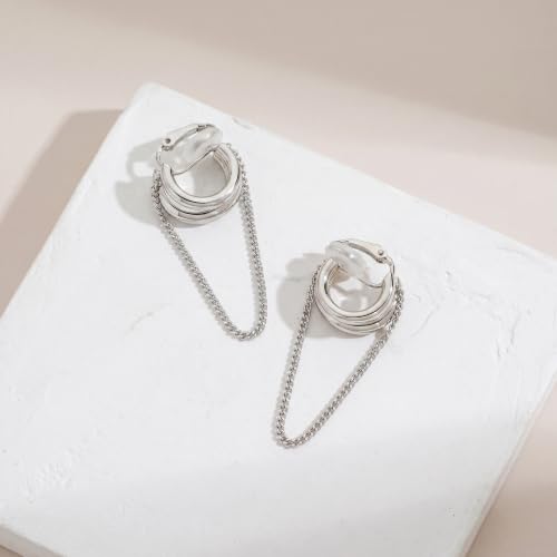 Gold Silver Trendy Clip On Dangle Earrings for Women | Clip On Drop Earrings, Tassel Chain Hoop Earrings, Non Piercing, Fashion Jewelry Gifts - color: A Clip-Silver