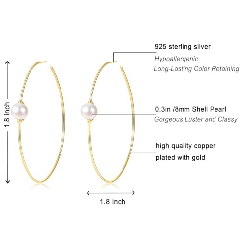 OwMell Large Hoop Earrings for Women 925 Sterling Silver Post 14K Gold Plated Big Hoops Earrings Trendy Pearl Cubic Zirconia Hoop Earrings - color: Pearl Gold Small