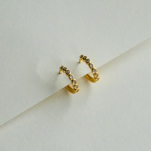 Round Huggie Ear Cuff Gold Earrings for Women | 18K Gold Plated Cubic Zirconia Sparkling | Clip On Cartilage| Simulated Diamond Bezel-Set CZ Huggie Hoop Earrings - color: Huggies - Yellow Gold