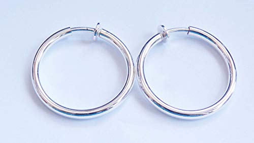 Clip-on Earrings Round Shiny Plated Hoop Earrings Gold Or Silver 1 inch Hoops Hypo-Allergenic - style: Silver