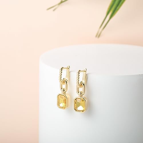 Birthstone Crystal Dangle Drop Earrings, 18K Gold Plated Huggie HoopEarring | Hypoallergenic Earring Jewelry Gifts for Women, Birthdays, anniversaries, weddings - color: Yellow-1