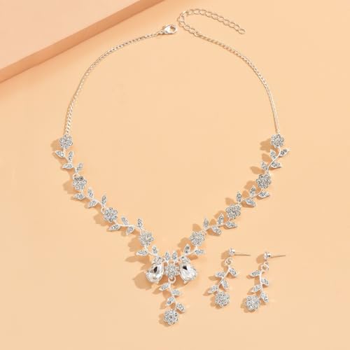 Wedding Jewelry Sets for Brides Rhinestone Necklace and Earring Set Bracelet Ring Gold Silver Prom Jewelry Sets Diamond Flower Teardrop Necklace for Women - color: Style4-Flower-2pcs