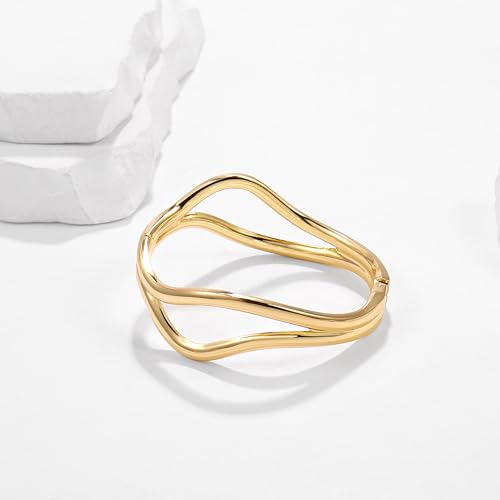 Elegance 11 designs Gold Plated Cuff Bangle Bracelets For Women Trendy Hinged Cuff Open Wide Chunky Gold Bracelet Minimalist Bangle Jewelry Gift - color: Line Bangle Gold