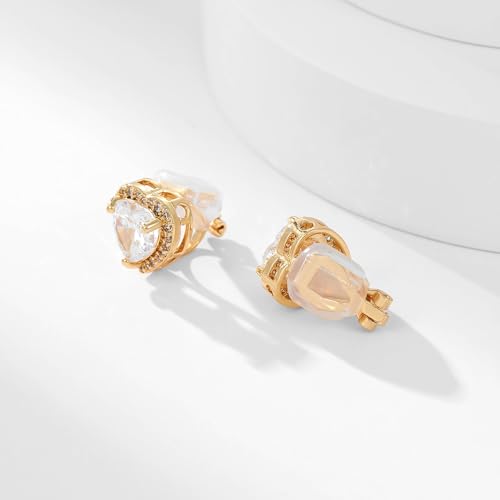 Clip On Earrings for Women Halo Clip-on Non-pierced Earrings Gold Plated Small CZ Studs Dainty Jewelry - color: Heart
