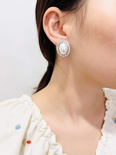 Pearl and Rhinestone Stud Earrings for Women Retro Statement Earrings Wedding Party Prom Jewelry - color: Oval Pearl-Silver