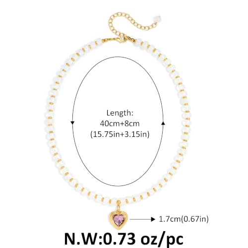 Boho Beaded Choker Necklaces for Women with A Gold Heart CZ - color: White