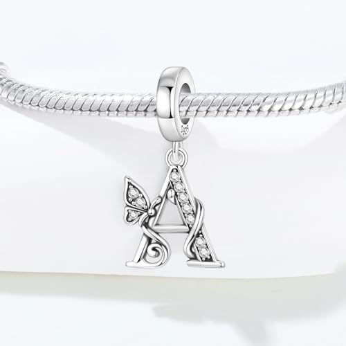 2 Pack 925 Sterling Silver Butterfly Letter Charms for Bracelets and Necklace Alphabet Initial Dangle Pendants Round Spacer Beads Pave Cubic Zirconia Jewelry Gift for Women - color: A Set