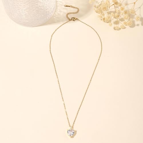 Heart Birthstone Necklace for Women, 14K Gold Plated Birthstone Pendant Necklace Cubic Zirconia Diamond Necklace Dainty Gold Necklace Birthday Gifts for Women Girls - color: 04. April(Diamond)