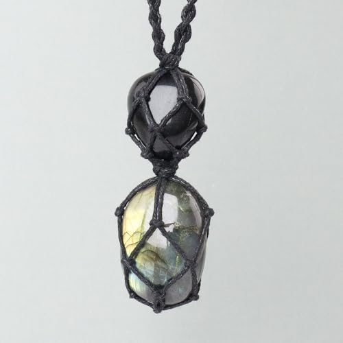Anjiucc Handmade Crystal Cage Holder with Raw Gemstone Pendant Necklace Natural Stone Healing Crystal Necklace Adjustable Length - color: Labradorite+Black Obsidian