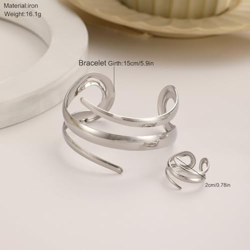 Chunky Gold Bangle Bracelet Ring Set for Women Chunky Wide Cuff Bracelets Trendy Geometric Open Statement Bracelet Ring Set Dainty Minimalist Jewelry - color: Silver