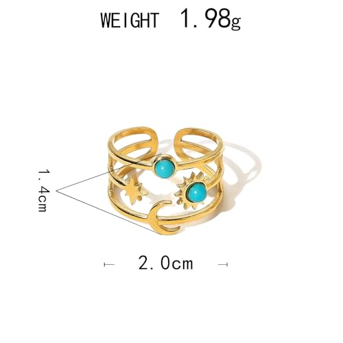 Todenb Turquoise Ring for Women,Gold Western Turquoise Open Ring Boho Stainless Steel Moon and Star Band Wrap Knuckle Rings Western Country Fashion Jewelry Accessories - color: two circle