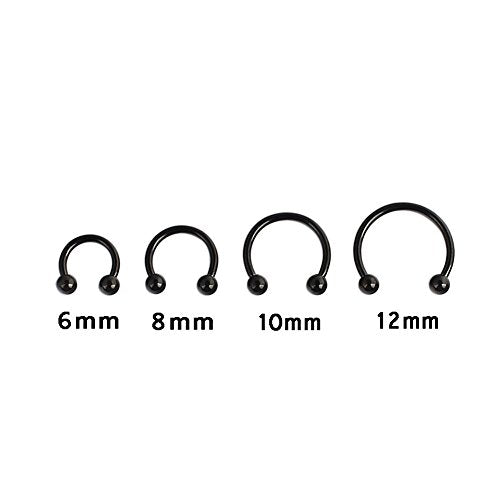 10PCS 16G CBR Horseshoe Circular Rings Black Titanium Anodized 316L Surgical Steel for Lip, Septum Piercing Jewelry & Cartilage 3mm Balls 6-12mm