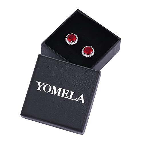 YOMELA Round Cubic Zirconia Stud Earrings for Women | Everyday Dainty, Diamond-Like Brilliance, CZ Halo Birthstone Studs, Hypoallergenic & Lightweight, Elegant & Versatile - color: Red