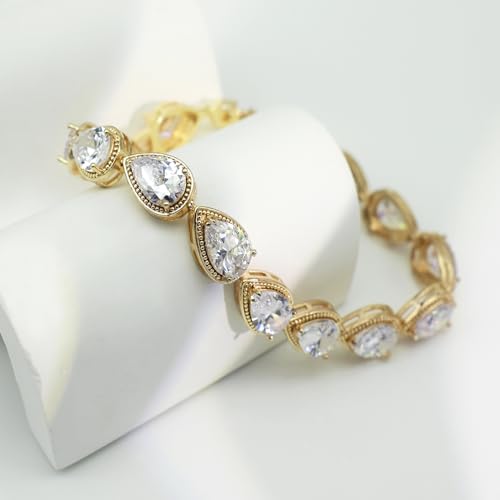 Bride Teardrop Earrings & Bracelet Wedding Jewelry Set, Cubic Zirconia Bridal Bridesmaid Party Formal Prom Gift - color: Gold