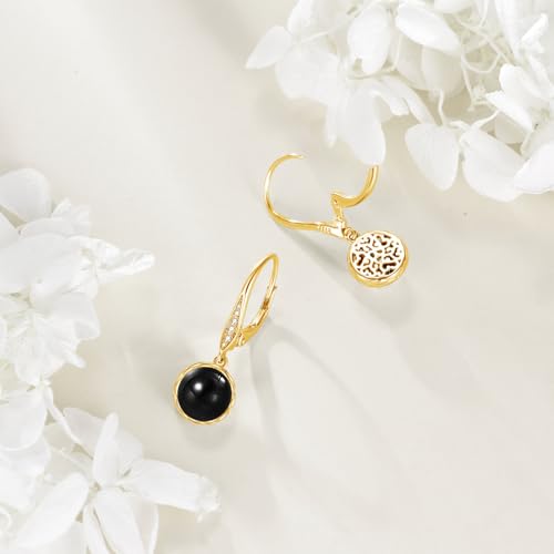 925 Sterling Silver 8mm Pearl Dangle Drop Earrings Moonstone Larimar Opal Rose Quartz Black Pearl Leverback Earrings for Women Christmas Gifts for Her - style: Black Onyx Earrings Golden