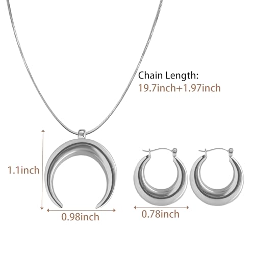 3 Circles Silver Hoop Earrings Necklace Set for Women Geometric Jewelry Set | 925 Silver Hypoallergenic Small Hoop Circle Geometry Textured Finish Minimalist Style Comfortable Wear - style: Crescent Moon Set