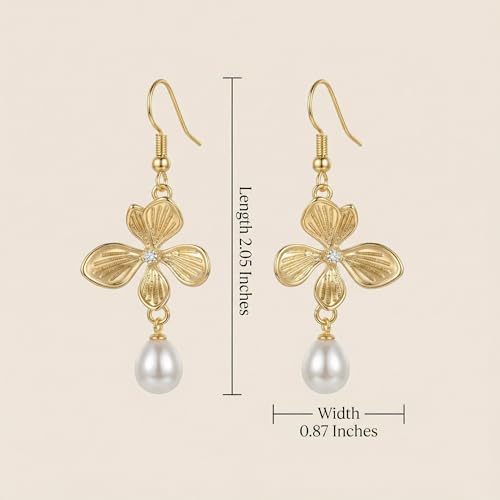 BELLA-Bee Gold Plated Flower Drop Earrings for Women, Dangle Earrings with Pearl, Hypoallergenic Gold Earrings for Sensitive Ears, Elegant Jewelry Gifts - color: 14K Gold plated Flower-1