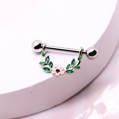 2pcs 14G Nipple Rings Flower Nipple Bars Surgial Steel 316L Nipple Piercing Jewelry Heart Nipple Barbell for Women - color: green