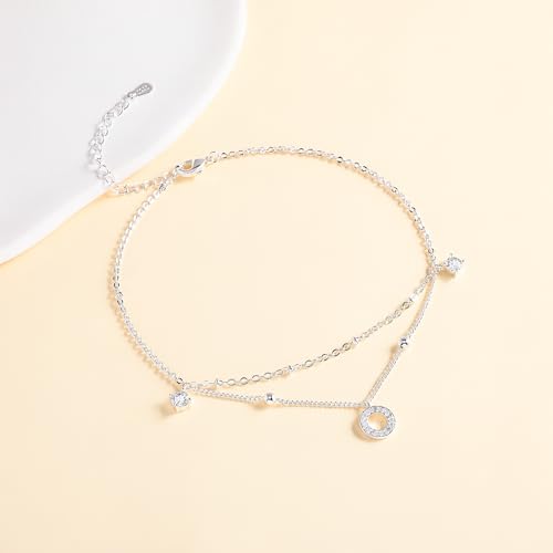 Sterling Silver Ankle Bracelets for Women 14k Gold Plated Waterproof Layered Stackable CZ Charm Non Tarnish Adjustable Anklet for Summer Beach Birthday Jewelry Gift - color: silver E
