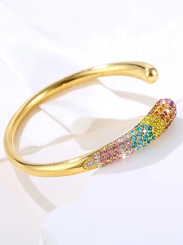 Adjustable Open-Cuff Bracelet for Women – Stainless Steel Gold Bangle with Colorful Rhinestones, Layering Accessory