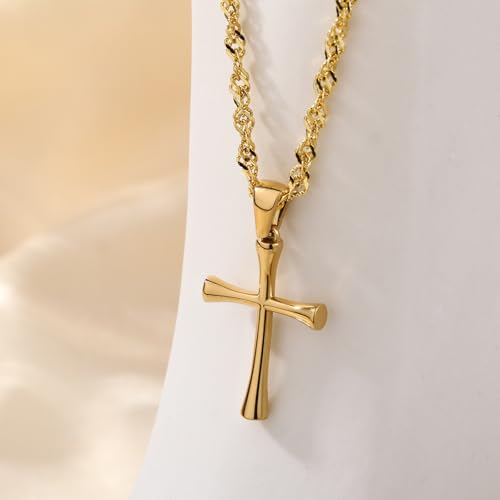 Small Cross Pendant Necklace for Women, 18" + 2" Wave Chain Stainless Steel - color: Gold
