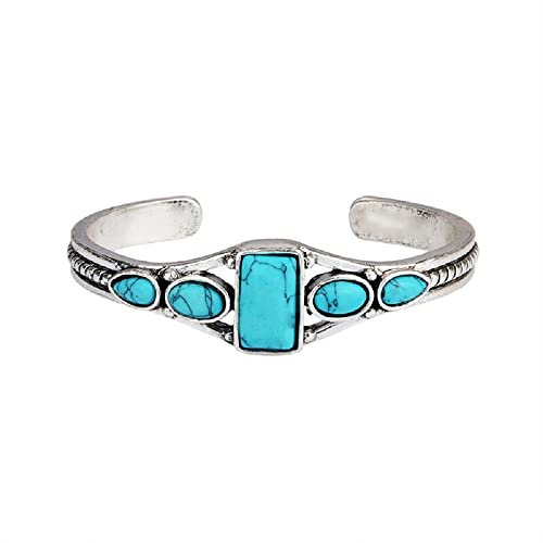 Bohemian Natural Stone Turquoise Engraved Cuff Bracelet Adjustable Wrap Bangle Western National Style for Women Gemstone Boho Jewelry - color: H
