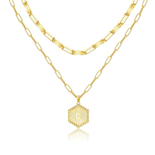 Layered Initial Necklace for Women | Gold Plated Paperclip Chain with Sunburst Hexagon Letter Pendant | Double Layer Alphabet Necklace | Personalized Minimalist Jewelry Gift - color: C