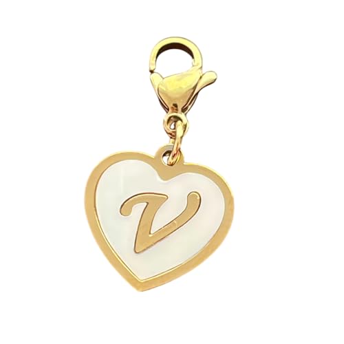 Golden Heart Titanium Steel Shell Finish Alphabet Letter Clip-On Charms A-Z Initial Pendant for Bracelet, Necklace, Keychain, DIY Jewelry Making - color: V
