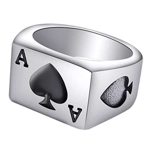 Men's Stainless Steel Square Biker Signet Ring, Black Silver Gold Styles | plain flat top, polished and brushed finish options, chunky profile, pinky or thumb styling, gift-ready for dad or him - color: Spade Ace