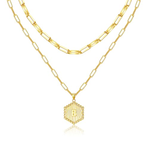 Layered Initial Necklace for Women | Gold Plated Paperclip Chain with Sunburst Hexagon Letter Pendant | Double Layer Alphabet Necklace | Personalized Minimalist Jewelry Gift - color: B