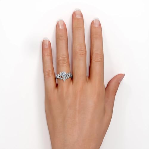 Center 1 CT Round Cut Floral Moissanite Wedding Rings Sets for Women Leaf and Vine Art Deco Engagement Ring Sets in S925 Sterling Silver 10K 14K 18K Gold with Text Engraving - color: Style C