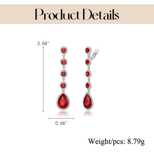 EleQueen Women's Wedding Crystal Teardrop Pear Shape 3 Inch Clip on Long Dangle Earrings for Bride Bridesmaid, Jewelry for Party Prom/Anniversary - color: Red Silver-Tone