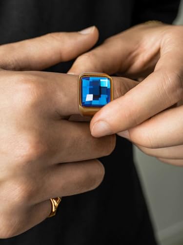 KeyStyle Square Gemstone Signet Rings for Men, Personalized Stainless Steel Pinky Ring with Black Onxy Blue Topaz Birthstone Statement Ring - color: Gold - Blue Topaz - 15mm